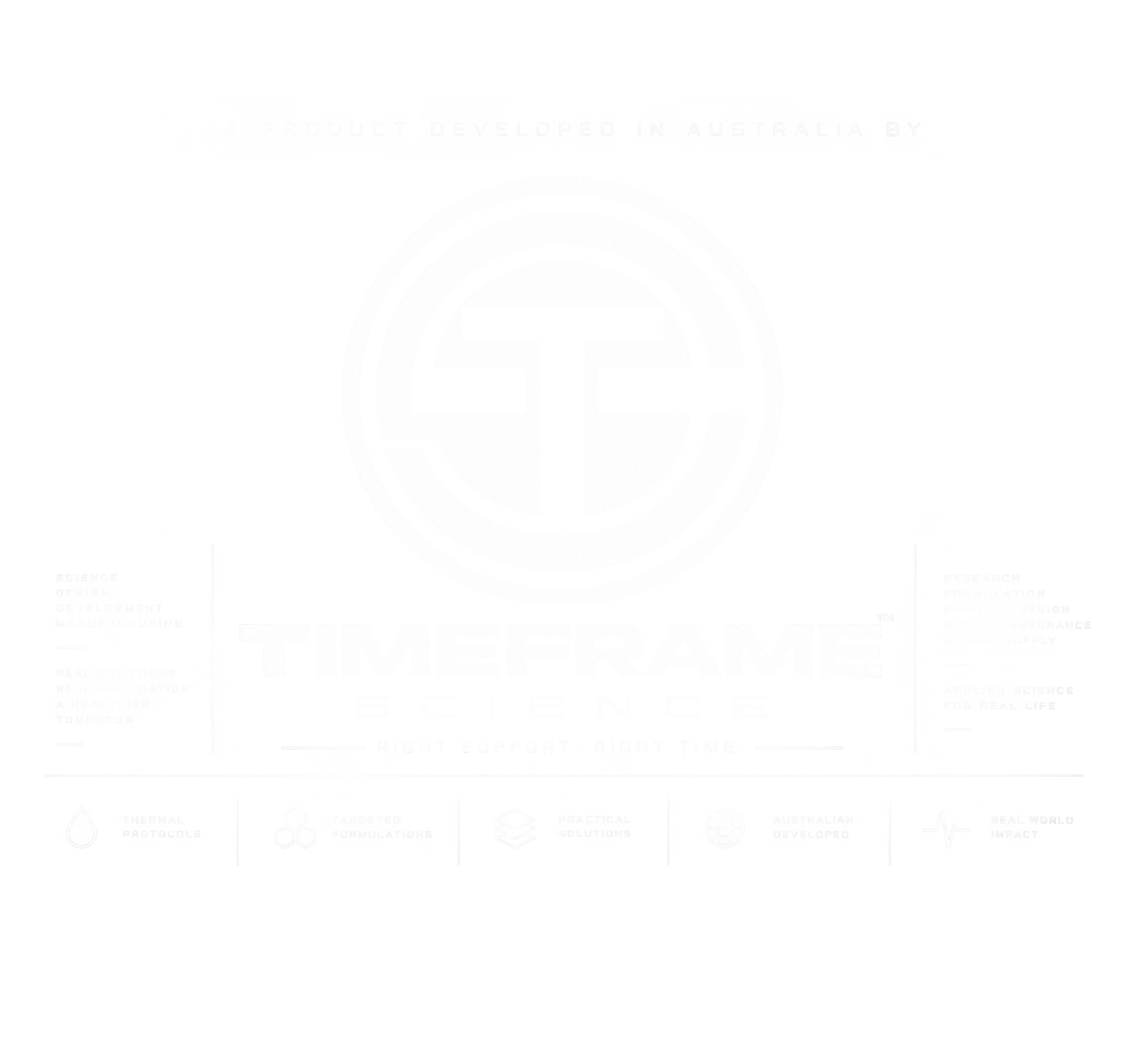 TimeFrame Science original TF identity, Right support. Right time. Science, design, development and manufacturing. Applied science for real life.